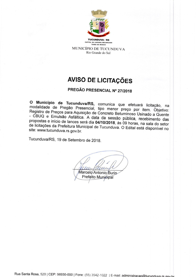 PREGÃO PRESENCIAL 27/2018 - REGISTRO DE PREÇOS PARA AQUISIÇÃO DE CBUQ E EMULSÃO ASFÁLTICA